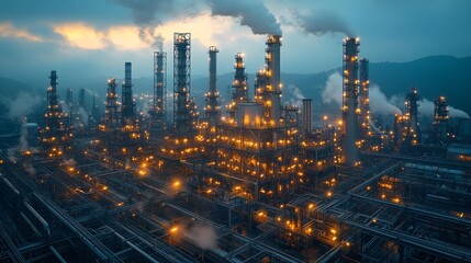 Obraz premium Industrial Oil Refinery at Dusk with Glowing Lights Generative AI