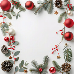 Christmas and New Year seasonal square template design with decorations and copy space for social media post. Red and green color tone on white plain background.