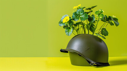 a soldier's helmet being used as a plant pot, new life growing from symbols of war