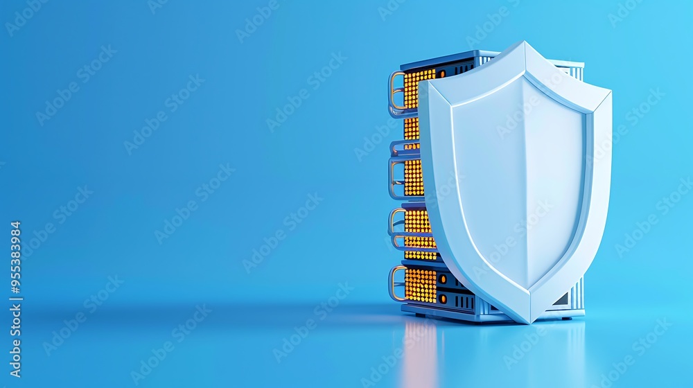 Poster cybersecurity concept image featuring a secure server with a protective shield, illustrating data pr