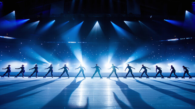 a synchronized skating team in a dramatic formation on ice