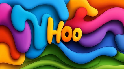 A colorful, abstract background with the word "Hoo" written in yellow letters. Concept of fun and creativity, as the vibrant colors and unique design make it stand out