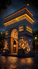 Fototapeta premium A beautifully illuminated archway at night, showcasing intricate designs and glowing decorations, capturing a magical atmosphere.