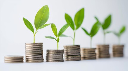 Abstract Financial Growth Concept with Stacked Coins and Sprouting Plants