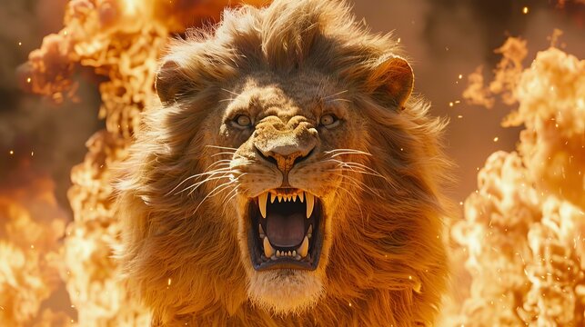Majestic lion king roars with fiery mane in stunning 3d digital art of regal power and ferocity