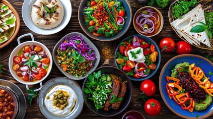 a traditional Palestinian meze spread. Vibrant dishes on a rustic wooden table