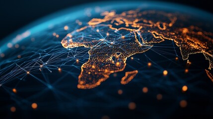 A digital globe with Africa highlighted, showcasing glowing connections representing global networks and communication.