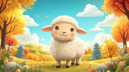 Fototapeta premium Framed lamb cartoon with charming trees and a bright, clear sky