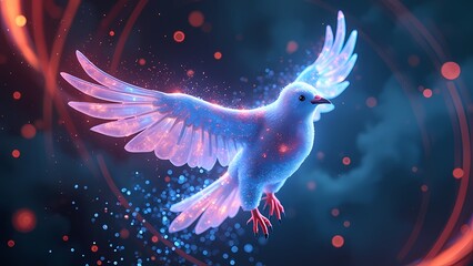 Obraz premium Digital Bird Flying Through Light Particles Vortex with Neon Trails