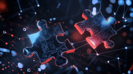 A digital representation of API integration,  illustrated with two puzzle pieces fitting together, symbolizing connectivity, seamless integration, data exchange, and automation, all within a network o