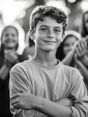 Fototapeta premium Smiling Teenager with Hands on Chest at Event