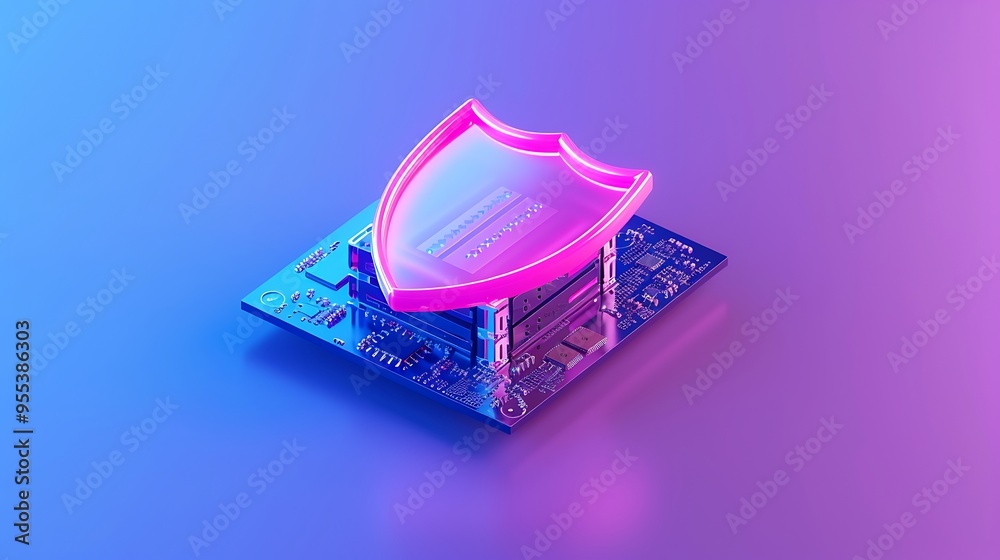 Poster cybersecurity concept with illuminated shield above a computer chip, representing data protection an