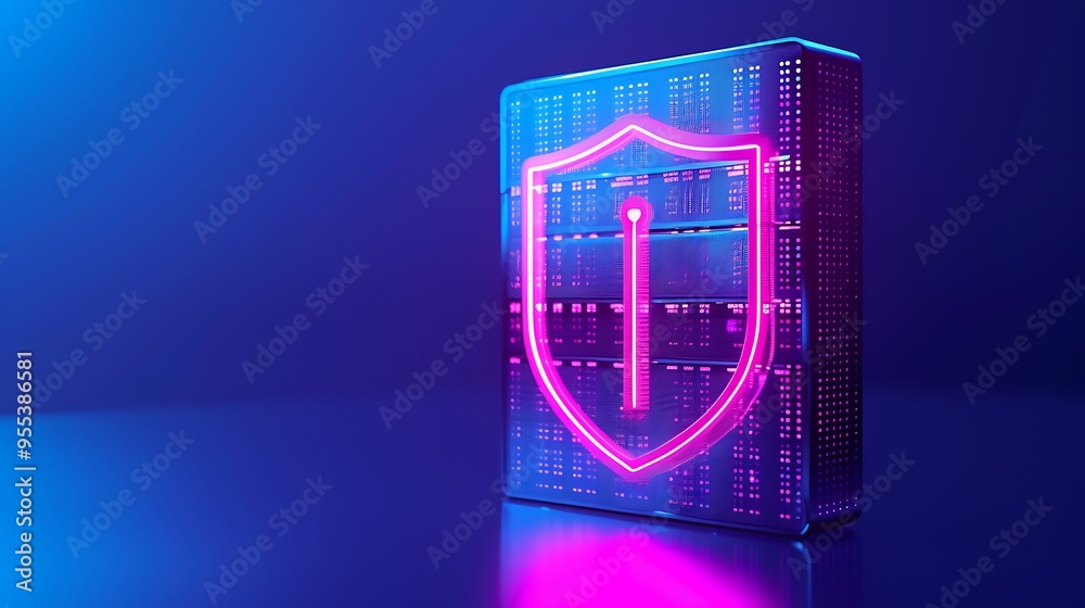 Poster cybersecurity concept with neon shield and server in futuristic design. protecting data and informat