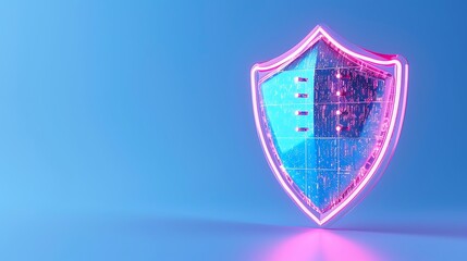 Cybersecurity concept with neon shield icon on a blue background. Digital security and technology protection illustration for data safety.