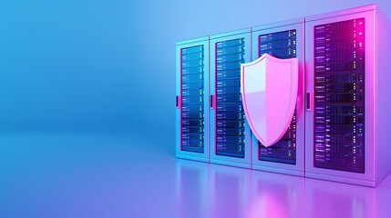 Cybersecurity concept with server racks and a shield symbolizing data protection, secure network, and information safety in a digital environment.