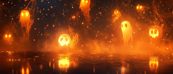 Eerie Ghostly Mist and Glowing Apparitions in Fiery Abstract Landscape