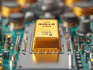 A gold bar sits on a circuit board, representing the value of precious metals in the digital age.