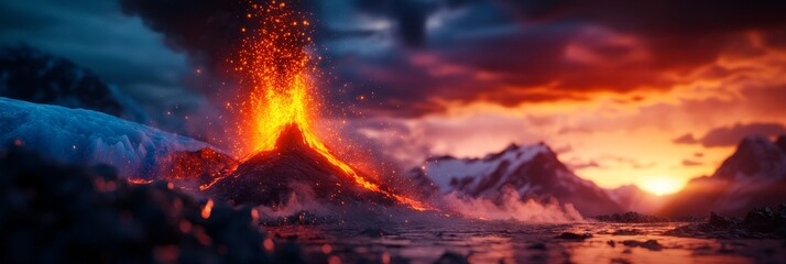 A dramatic image capturing a volcanic eruption against a backdrop of a vibrant sunset. The fiery lava contrasts with the icy mountain peaks, symbolizing the power of nature, the clash of elements, and