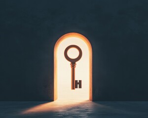 A golden key shaped doorway with light shining through, symbolizing opportunity and new beginnings.