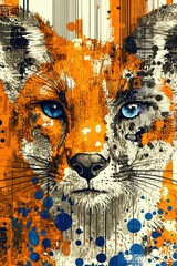 A close-up of an orange and white fox with blue eyes, detailed fur in gray, black ink dots, and paint splatters create a textured, symmetrical digital artwork.