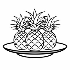 Three Pineapples on a Plate - line Art Vector Illustration