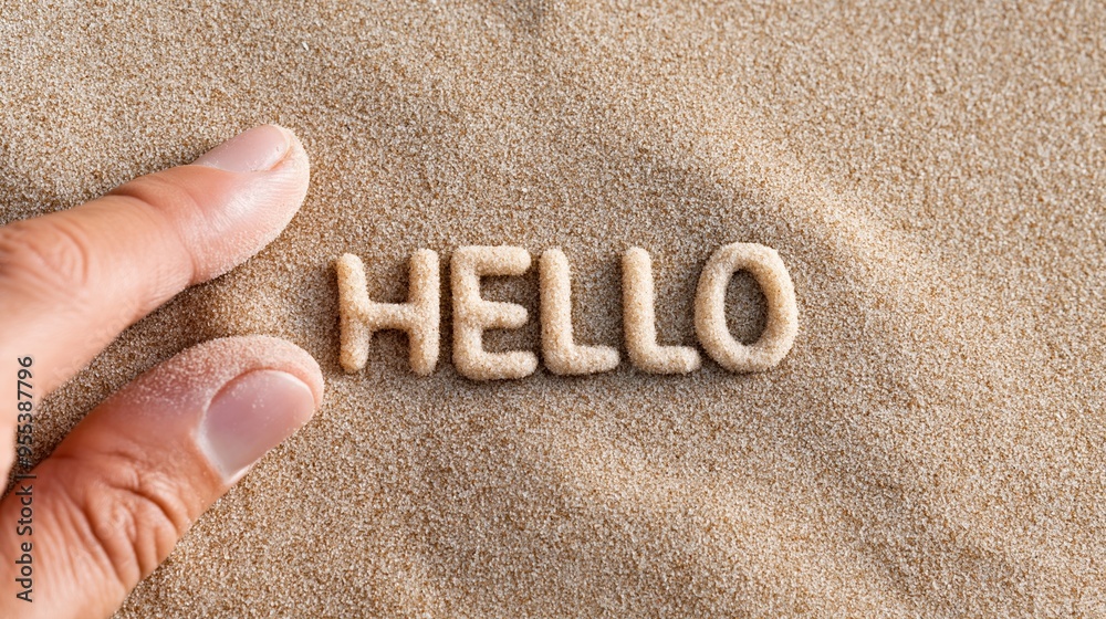 Wall mural A hand is writing the word Hello on the sand. Concept of playfulness and creativity, as the person is using their hand to make the letters in the sand. The beach setting adds to the relaxed