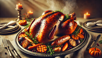 Beautifully roasted turkey, perfectly cooked and garnished.
