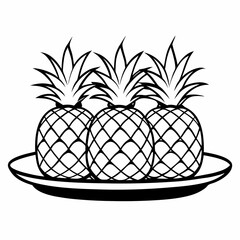 Three Pineapples on a Plate - line Art Vector Illustration