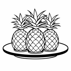 Three Pineapples on a Plate - line Art Vector Illustration