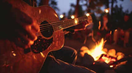 Fototapeta premium closeup of hands strumming acoustic guitar campfire glow illuminating scene friends gathered in background silhouetted against starry night sky