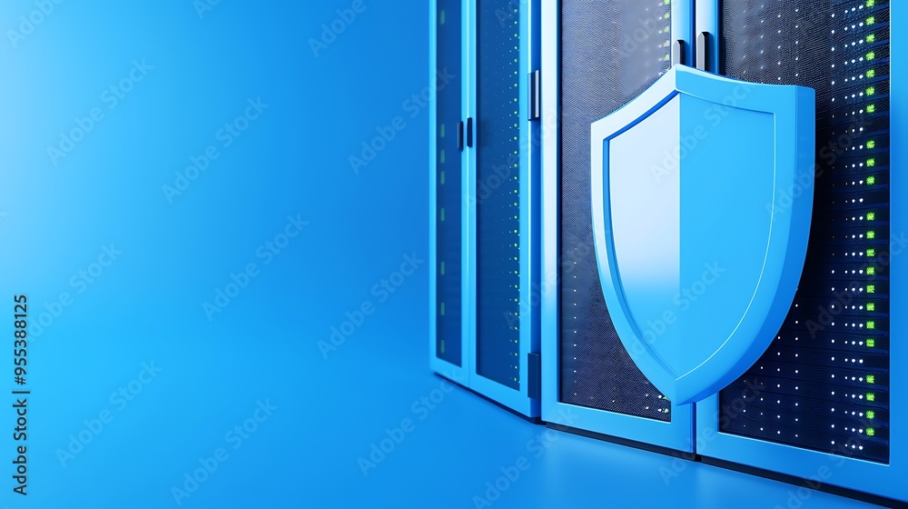 Poster data center security concept with server racks and shield icon. protecting information technology in