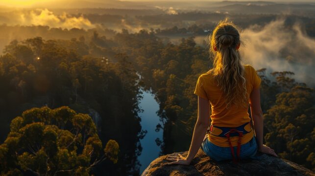 Young blonde woman preparing to climb a scenic cliffside, embracing adventure and nature s beauty