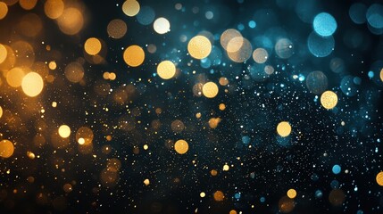 Abstract background of defocused vintage lights in gold, blue, and black.