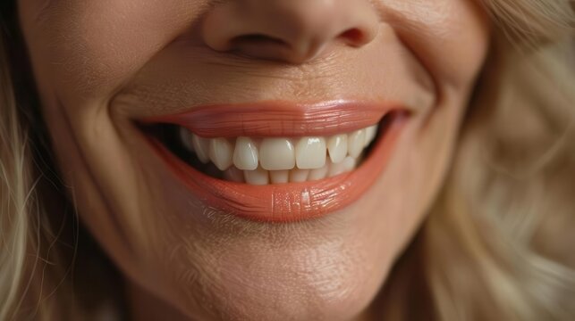 closeup of senior womans radiant smile showcasing perfect white teeth warm lighting emphasizing healthy glow dental care concept