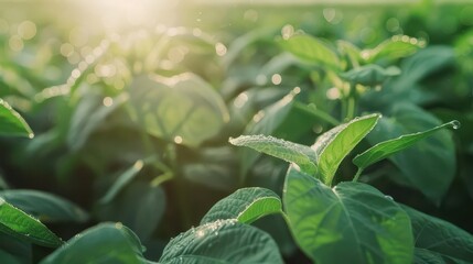 Obraz premium closeup of vibrant green soybean plants in neat rows stretching to the horizon morning dew glistening on leaves showcasing modern agricultural practices and bountiful crops