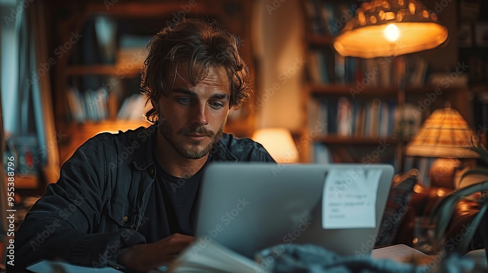 Aufkleber a man is sitting in front of a laptop computer with a book in front of him