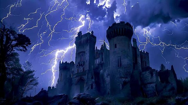 a castle  with lightning striking around it
