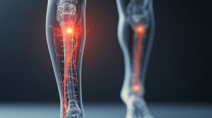 3D illustration of a human leg with a highlighted nerve, indicating pain or inflammation.