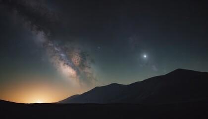 Milky Way galaxy shining over a mountain range at night with bright stars and a crescent moon.