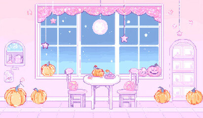 Fototapeta premium 8bits pixel art of pastel pink halloween and white room with large windows with cute decorations like candy or stars and pumpkin hanging from the ceiling