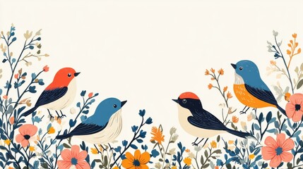 Fototapeta premium Scandinavian cartoon birds with floral borders in premium vector style