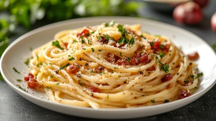 Fototapeta premium Delicious Spaghetti Carbonara with Parmesan Generative AI
