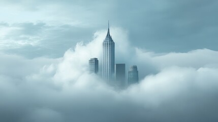 Fototapeta premium A majestic skyscraper emerges from a sea of clouds, symbolizing ambition, progress, and reaching for new heights. The cityscape, partly concealed by the mist, suggests a hidden world of opportunity an