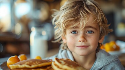 Naklejka premium A young blonde boy is smiling and holding a plate of pancakes