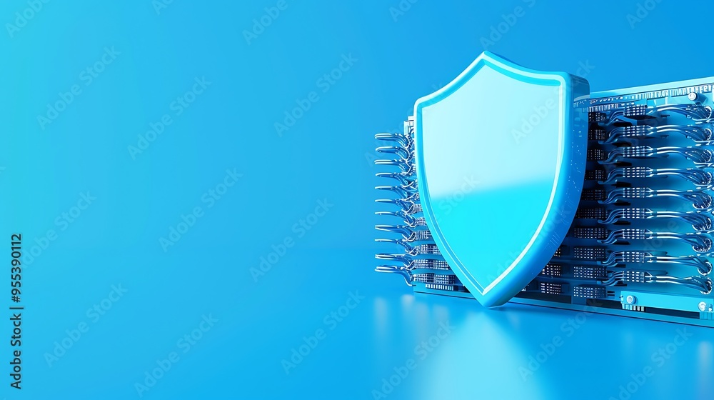 Poster data security image showing servers protected by a blue shield, representing cybersecurity and data 