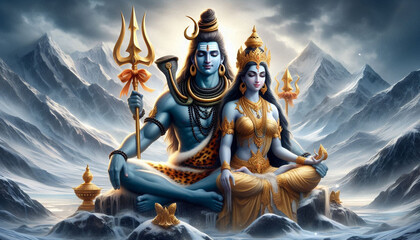 Hindu god Shiva or shiv with Parvati meditating on Mount Kailash in the Himalayas