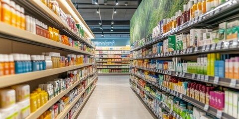 Fototapeta premium Drugstore Aisle with Colorful Display of Natural Health Products and Supplements