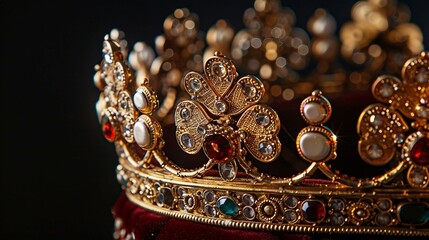 Obraz premium Close-Up of a Luxurious Golden Crown Adorned with Precious Gems and Intricate Details, Symbolizing Royalty and Elegance. Generative AI