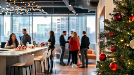 Festively Decorated Office Space with Employees Mingling at Corporate Holiday Party