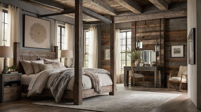 A large bedroom with a wooden bed frame and a canopy. Interior Design, Luxury Decor - Powered by Adobe